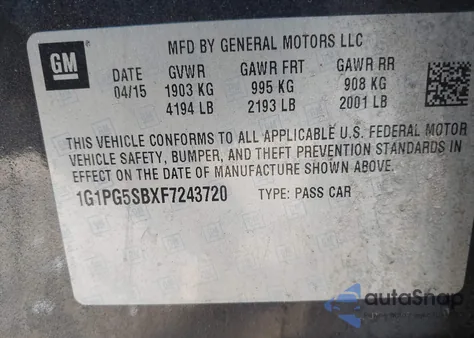 2015 Chevrolet Cruze Ltz from USA, damaged, VIN 1G1PG5SBXF7243720